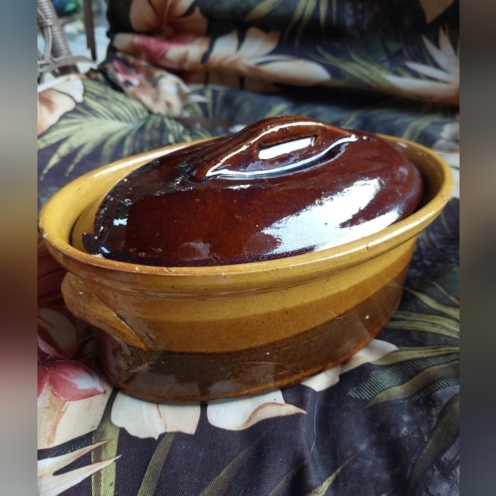 Vintage 50s La Bourbuignontie Glazed Terracotta #6 Paté Casserole Dish with Lid